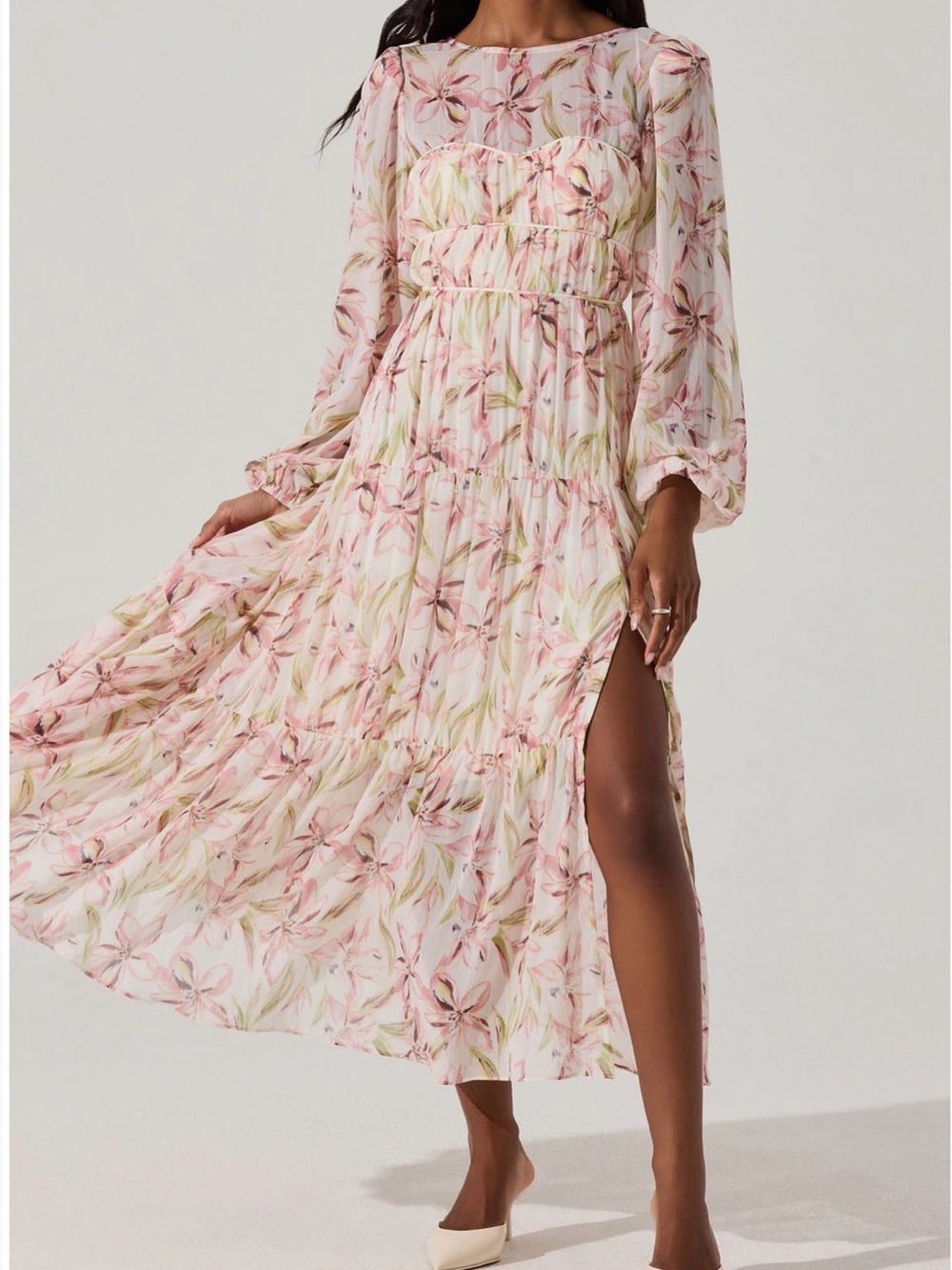 Astr Pink & Green Floral Tiered Long Sleeve Maxi Dress